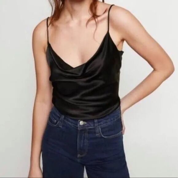 NWOT Zara Satin Effects Cowl Neck Tank with button low back size XL Black - Picture 1 of 10